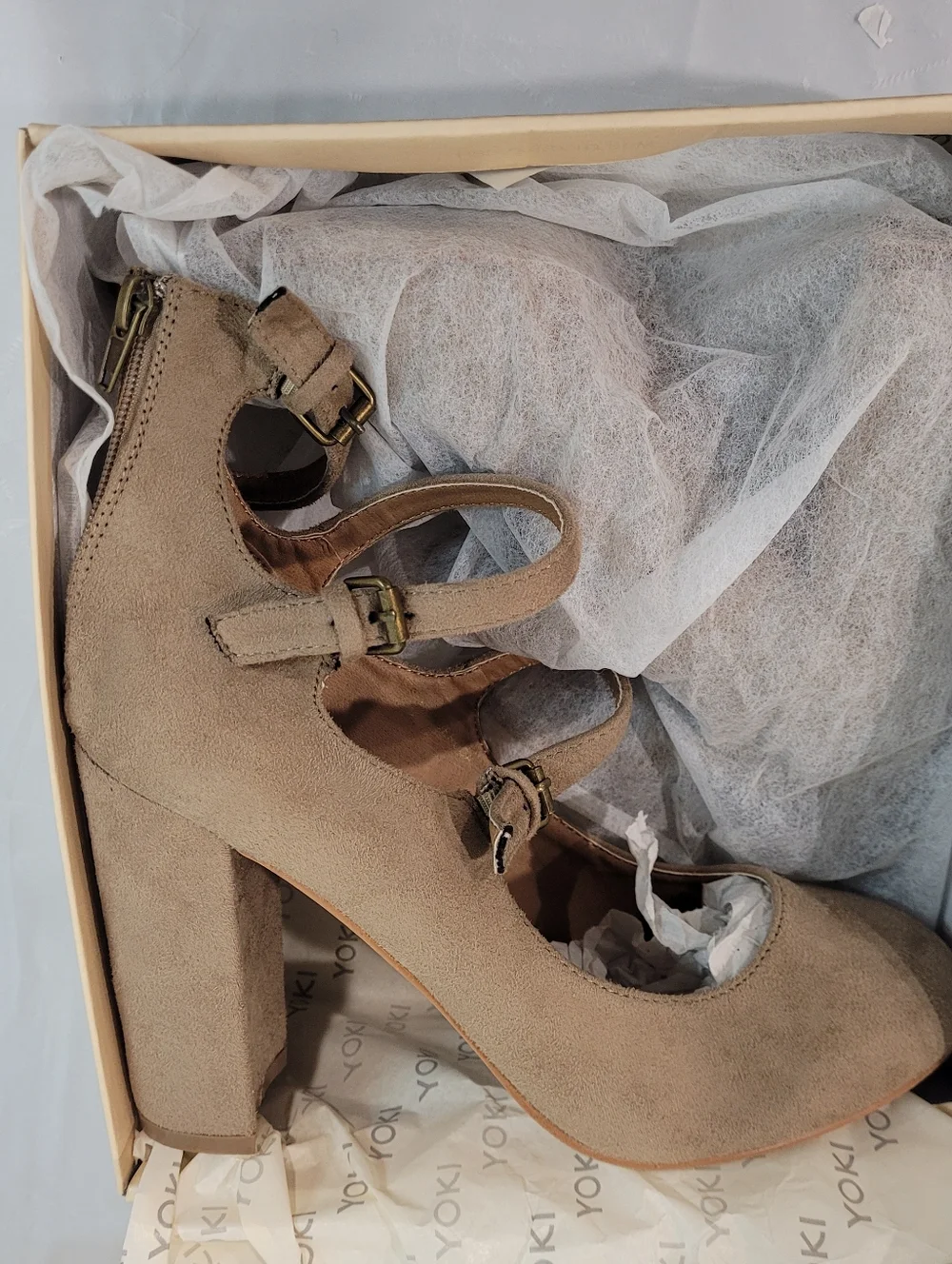 Sand Suede Triple Strap Mary Jane Block Heels - Size 10